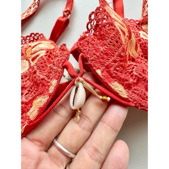 LEJABY Red Yellow Floral Lace Seashell Charm Demi Bra, Size 34C - Picture 5 of 13
